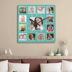 Skapa Din Egen 13 Familjefoto Collage Teal Fyrkantig Klocka
