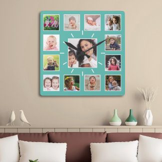 Skapa Din Egen 13 Familjefoto Collage Teal Fyrkantig Klocka
