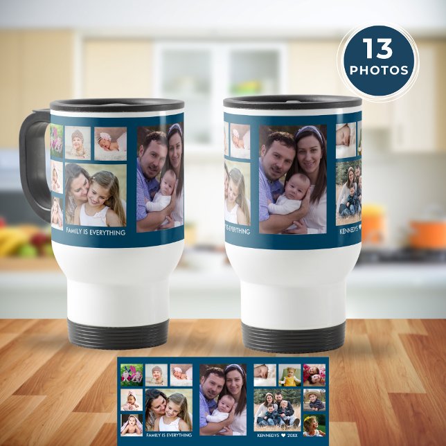 Skapa din egen 13-familjs fotokollage Ocean Blue Resemugg (Create Your Own 13 Family Photo Collage Ocean Blue Travel Mug
)