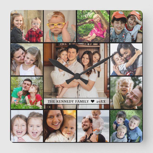 Skapa din egen 13 Photo Collage-familj Namn Fyrkantig Klocka (Framsida)