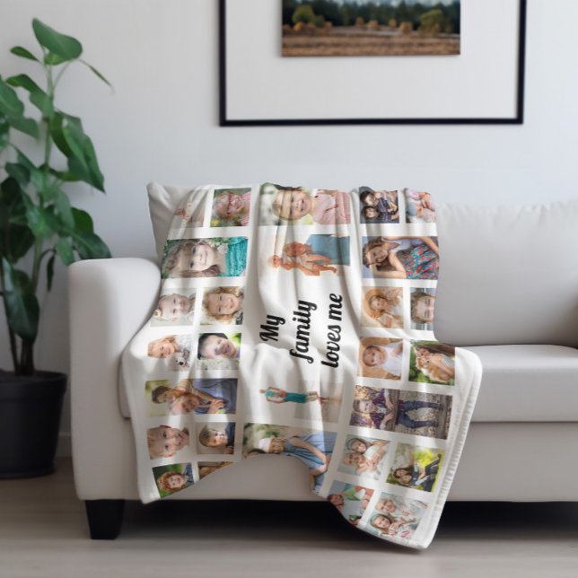 Skapa din egen 32-familjs Photo Collage White Fleecefilt (White 32-photo "My family loves me." blanket)