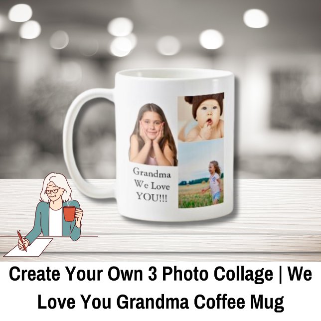 Skapa din egen 3-fotokollage | Vi Kärlek Grandma Kaffemugg (Create Your Own 3 Photo Collage | We Love Grandma Coffee Mug)
