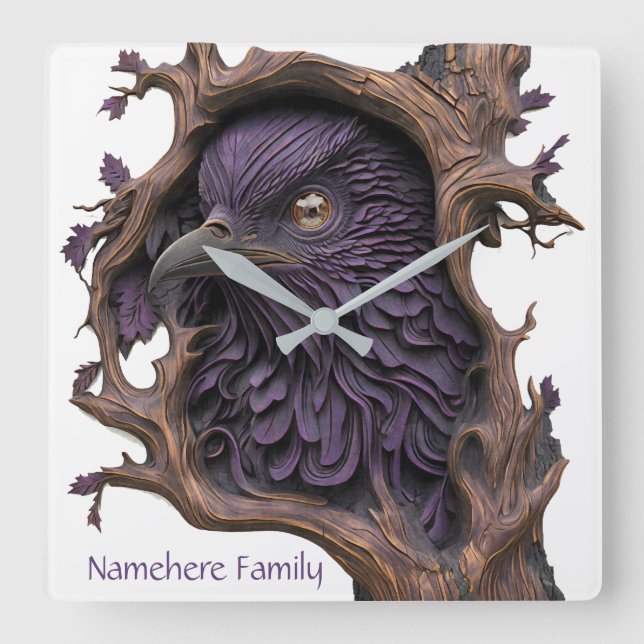 Skapa din egen 3D Faux Bois Carved Black Raven Fyrkantig Klocka (Framsida)