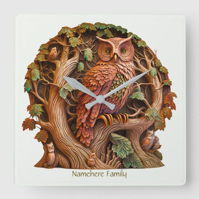 Skapa din egen 3D Faux Bois Carved Wood Uggla Fyrkantig Klocka (Framsida)