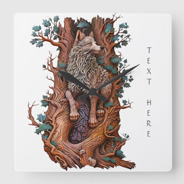 Skapa din egen 3D Faux Bois Carved Wood-Varg Fyrkantig Klocka (Framsida)