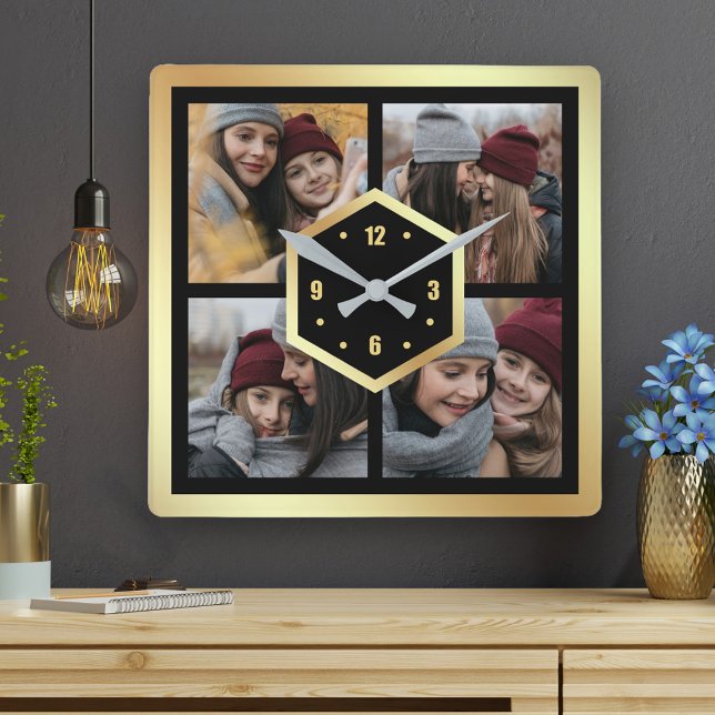 Skapa din egen 4-fotokollage svart och Guld Fyrkantig Klocka (Skapare uppladdad)