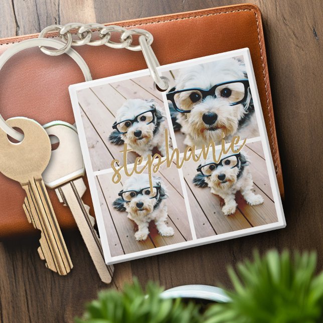Skapa din egen 4-fotosamling - skript Namn (Personalized keychain with photo collage and monogram)