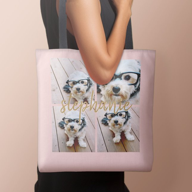 Skapa din egen 4-fotosamling - skript Namn Tygkasse (Personalized tote bag with photo and text)