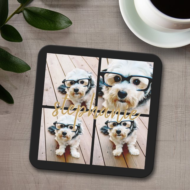 Skapa din egen 4-fotosamling - skript Namn Underlägg Papper Kvadrat (Personalized coaster with 4 photos and text)