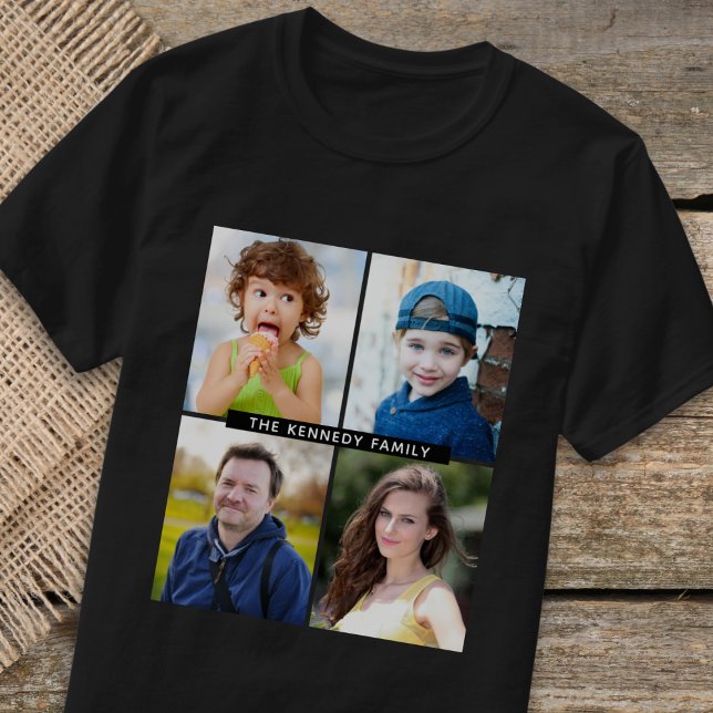 Skapa din egen 4 Photo Collage Family Namn Black T Shirt (Skapare uppladdad)