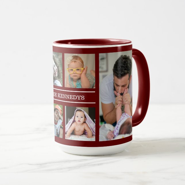 Skapa din egen 6 Foto Collage Familj Namn Maroon Mugg (Framsida höger)