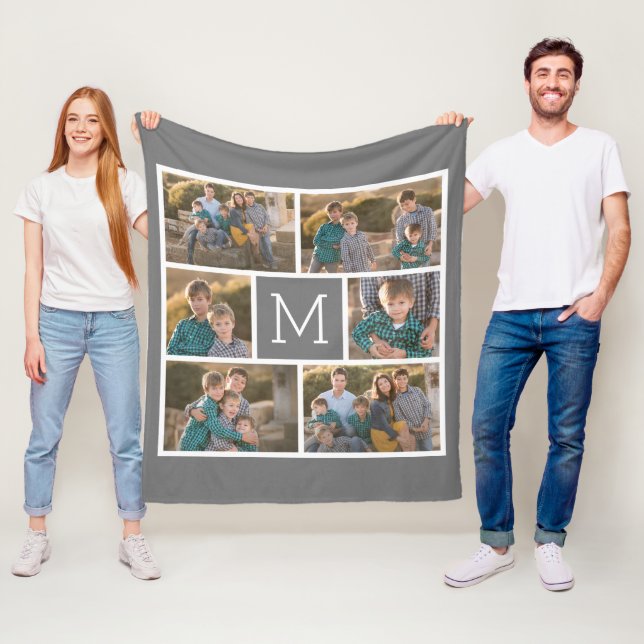 Skapa din egen 6 fotokollage - Monogram Grått Fleecefilt (På plats)