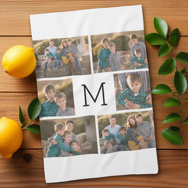 Skapa din egen 6 fotokollage - Monogram White Kökshandduk (Add 6 photos - personalized kitchen towel)