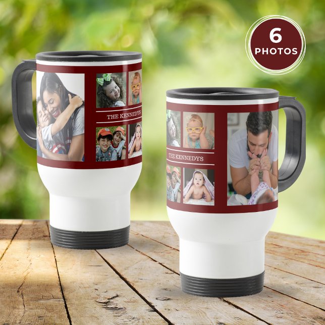 Skapa din egen 6 fotopassagefamilj resemugg (Create Your Own 6 Photo Collage Family Maroon Travel Mug)