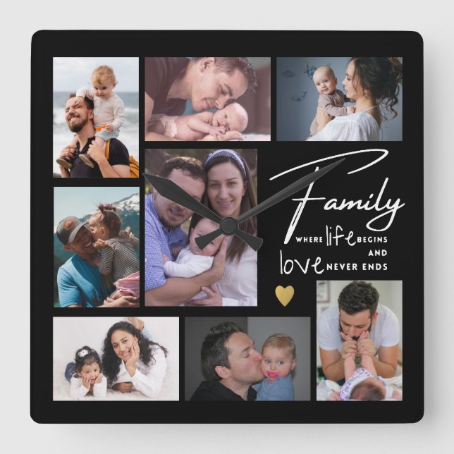 Skapa din egen 8-fotokollage-familjsoffert fyrkantig klocka (Framsida)