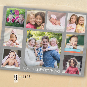 Skapa din egen 9-foto collage Familje Citat Grå Fleecefilt