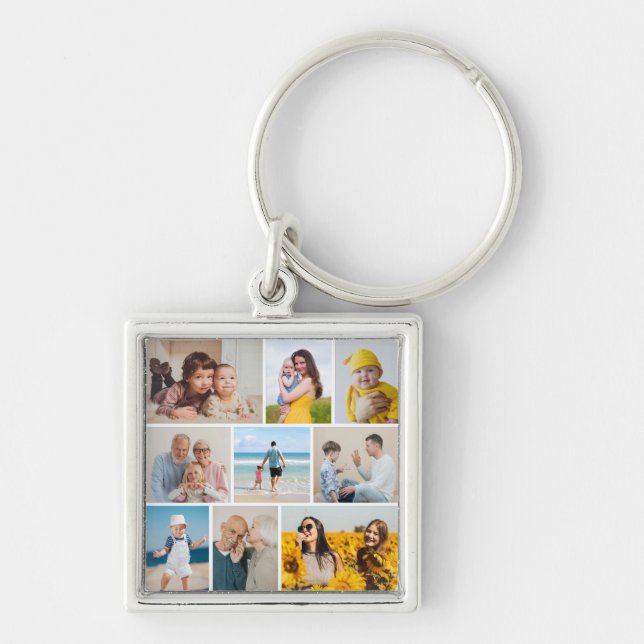 Skapa din egen 9-foto collage fyrkantig silverfärgad nyckelring (Framsidan)