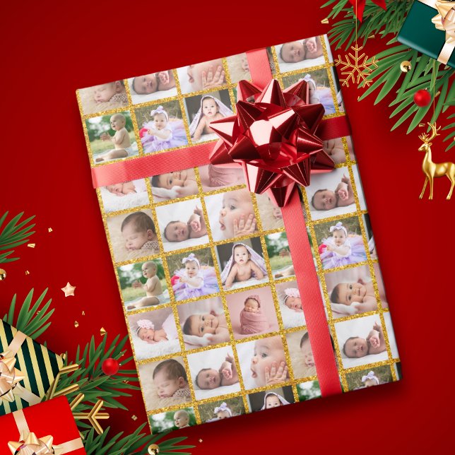 Skapa din egen 9 Photo Collage Guld Glitter Presentpapper (Skapare uppladdad)