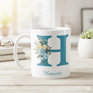 Skapa din egen Anpassningsbar Blue Minimalist Blom Kaffemugg