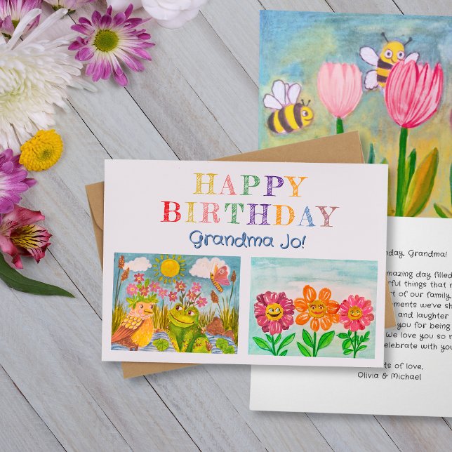 Skapa din egen Barn Art Grandmor Birthday Kort (Happy birthday greeting card for grandmother with kid's art.)