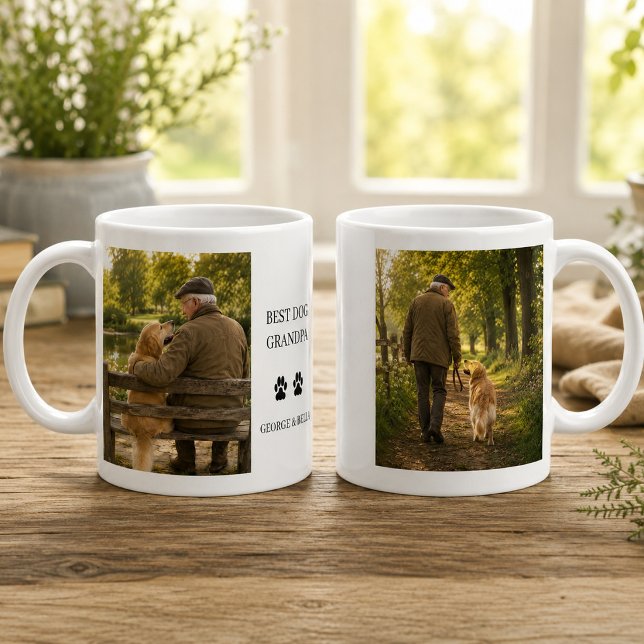Skapa din egen bästa hundfarfar-monogramfotografi kaffemugg (Create your own Best dog grandpa monogrammed photo Coffee Mug. You can add your own photos.
)