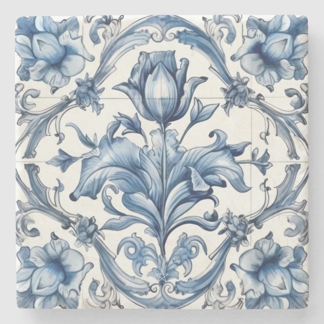 Skapa din egen blå Chinoiserie blomsterplatta Stenunderlägg (Framsidan)