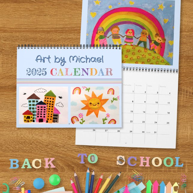Skapa din egen blåa Barn-kalender 2025 Kalender (Blue Kid's artwork 2025 calendar where you can add your own kid's paintings and drawings.)