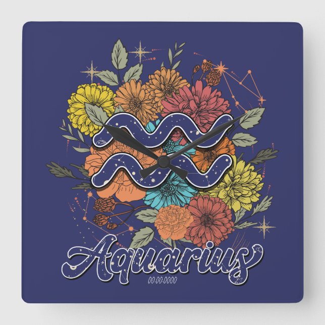 Skapa din egen Blommigt för stärkelse Aquarius Zod Fyrkantig Klocka (Framsida)