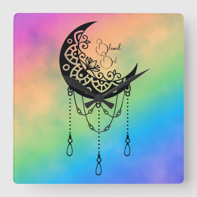 Skapa din egen boho Leafy Måne Silhouette Fyrkantig Klocka (Framsida)