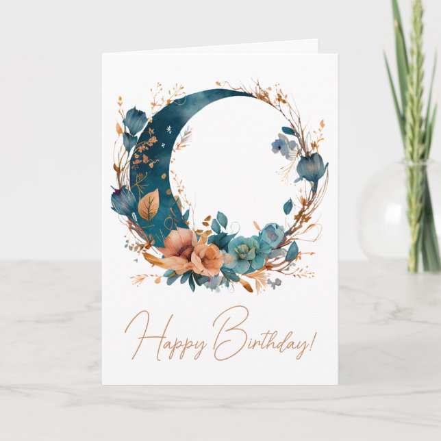 Skapa din egen Boho Teal & Peach Blommigt Måne Helgkort (Framsida)