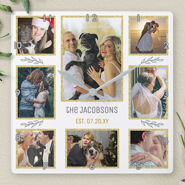 Skapa din egen Bröllop- eller Family 8-fotosamling Fyrkantig Klocka (Skapare uppladdad)
