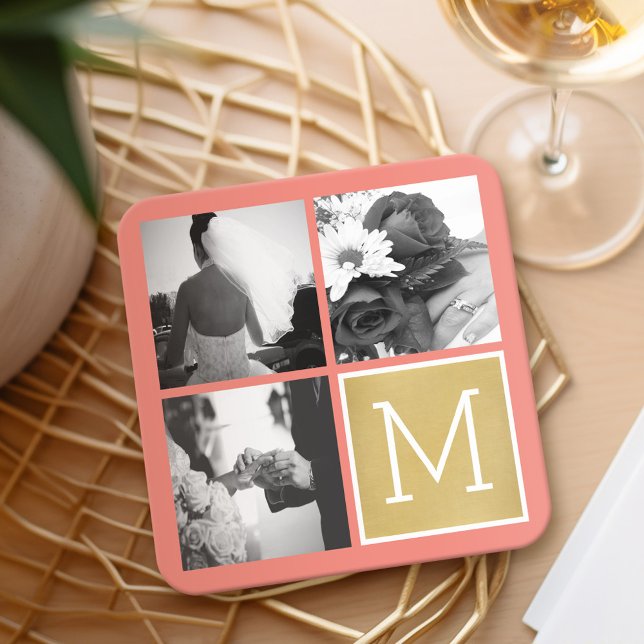 Skapa din egen bröllopsfotocollage-monogram underlägg papper kvadrat (Wedding and Anniversary Coasters - Personalize with a photo collage)