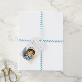 Skapa Din Egen Brunett Pojke Blå Ängel Jul Presentetikett