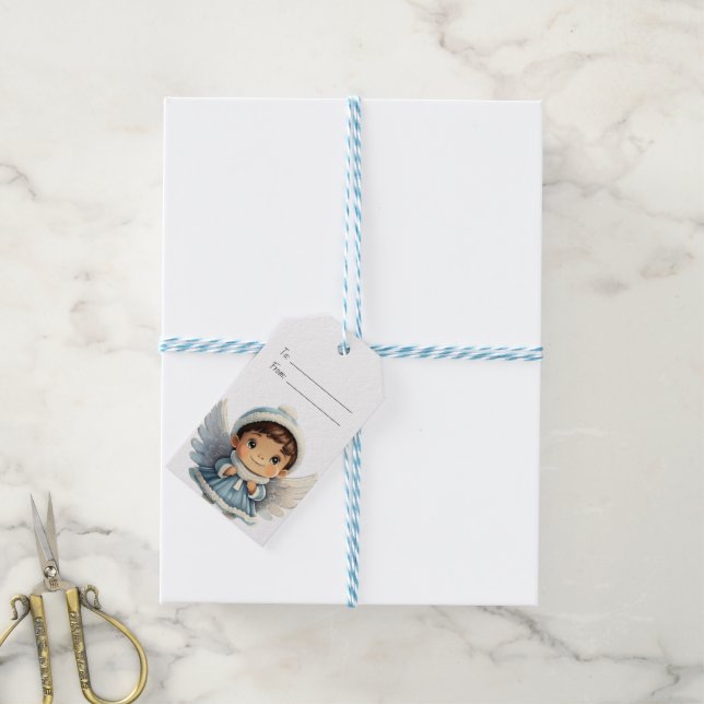 Skapa Din Egen Brunett Pojke Blå Ängel Jul Presentetikett (Med Snöre)