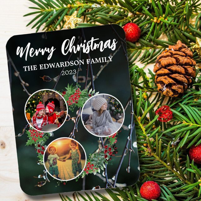 Skapa din egen christmas-familjs fotokollage magnet (Merry Christmas, photo collage, winter foliage personalized Holiday card.)