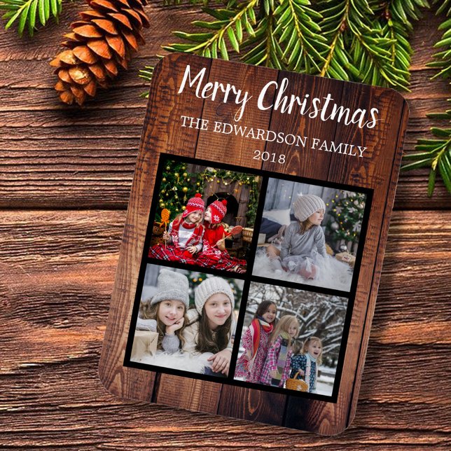Skapa din egen christmas-familjs fotokollage magnet (Merry Christmas family photo collage, rustic magnetic card.)