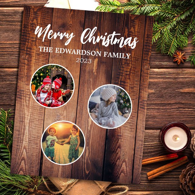 Skapa din egen christmas-familjs fotokollage magnet (Send your friends and family this beautiful rustic photo collage Christmas flexible magnet card.)