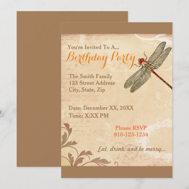 Skapa din egen Dragonfly Birthday-inbjudan Inbjudningar (Fram/baksida)