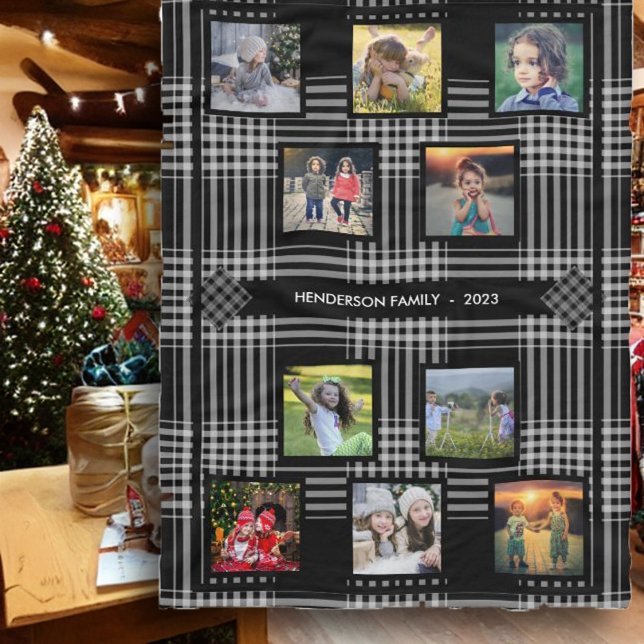 Skapa din egen familj för fotokollage-familjen nam fleecefilt (Beautiful keepsake fleece blanket. Family photo collage on black and white buffalo plaid pattern, )