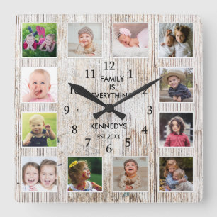 Skapa din egen familj Namn 12 Photo Collage Ram Fyrkantig Klocka