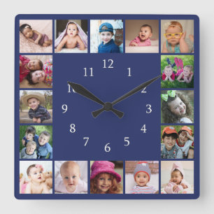 Skapa din egen familjefotocollage blå 16 fyrkantig klocka