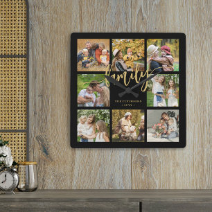 Skapa din egen familjefotocollage i guldskrift fyrkantig klocka