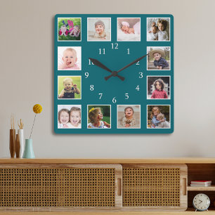 Skapa din egen familjefotocollage i teal med 12 bi fyrkantig klocka
