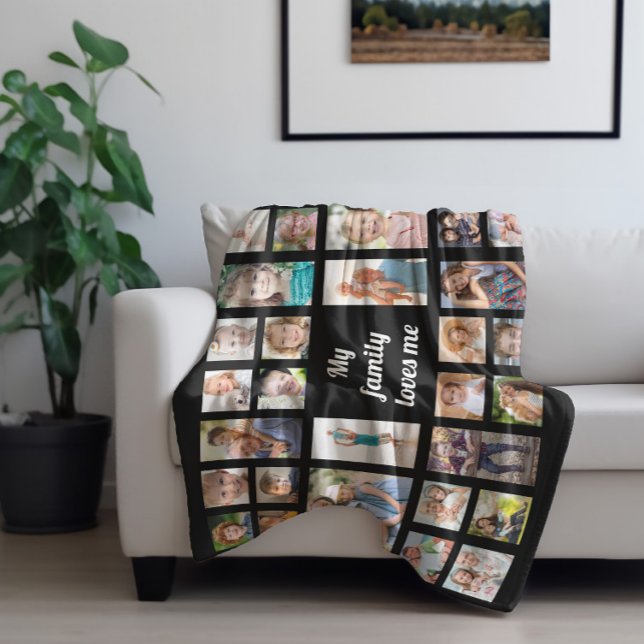 Skapa din egen familjefotocollage med 32 bilder fleecefilt ("My family loves me" photo fleece blanket)