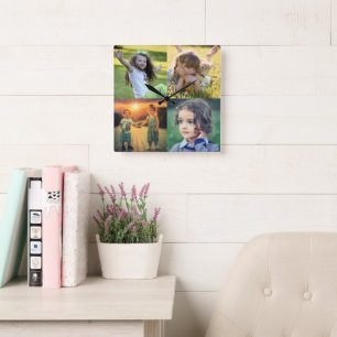 Skapa din egen familjs fotokollage fyrkantig klocka