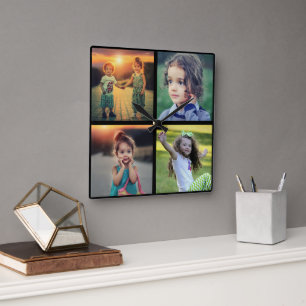 Skapa din egen familjs fotokollage fyrkantig klocka