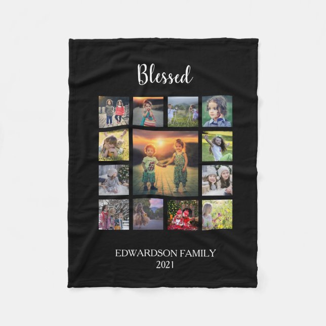 Skapa din egen familjs fotokollage monogram namn fleecefilt (Framsidan)