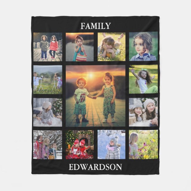 Skapa din egen familjs fotokollage monogram namn fleecefilt (Framsidan)