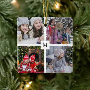 Skapa din egen familjs fotokollage monogrammad julgransprydnad keramik