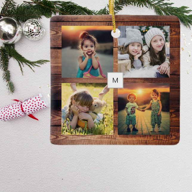 Skapa din egen familjs fotokollage monogrammad julgransprydnad keramik (Skapare uppladdad)